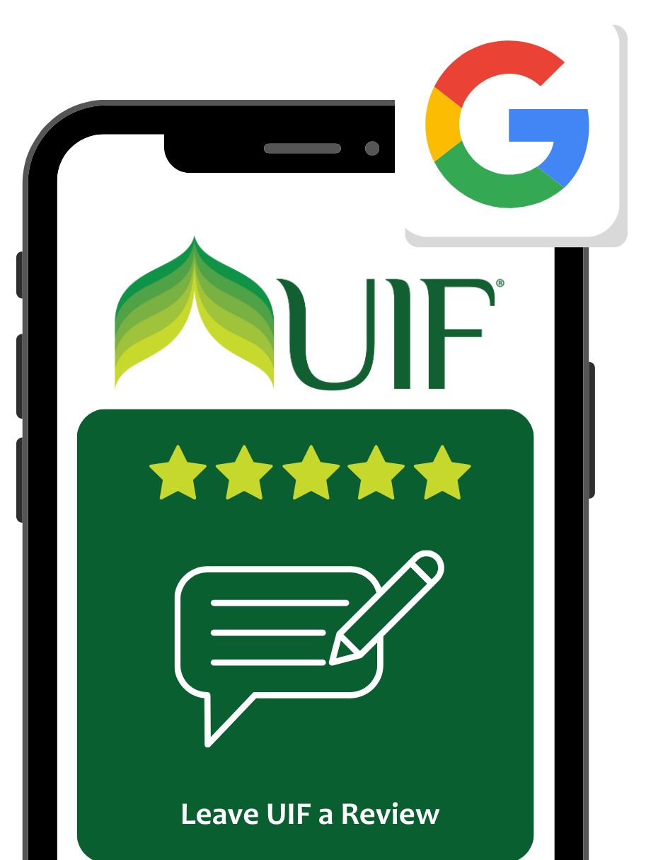 cell phone with UIF logo and review icon